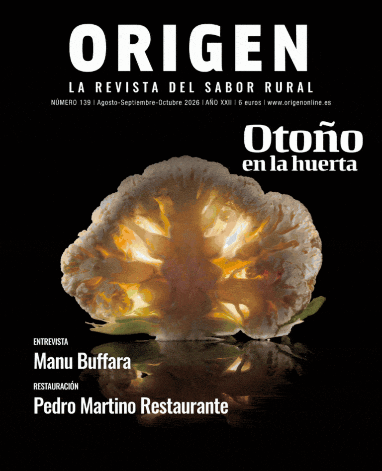 Portada de la revista Origen número 139 con un fondo oscuro y un hongo iluminado.