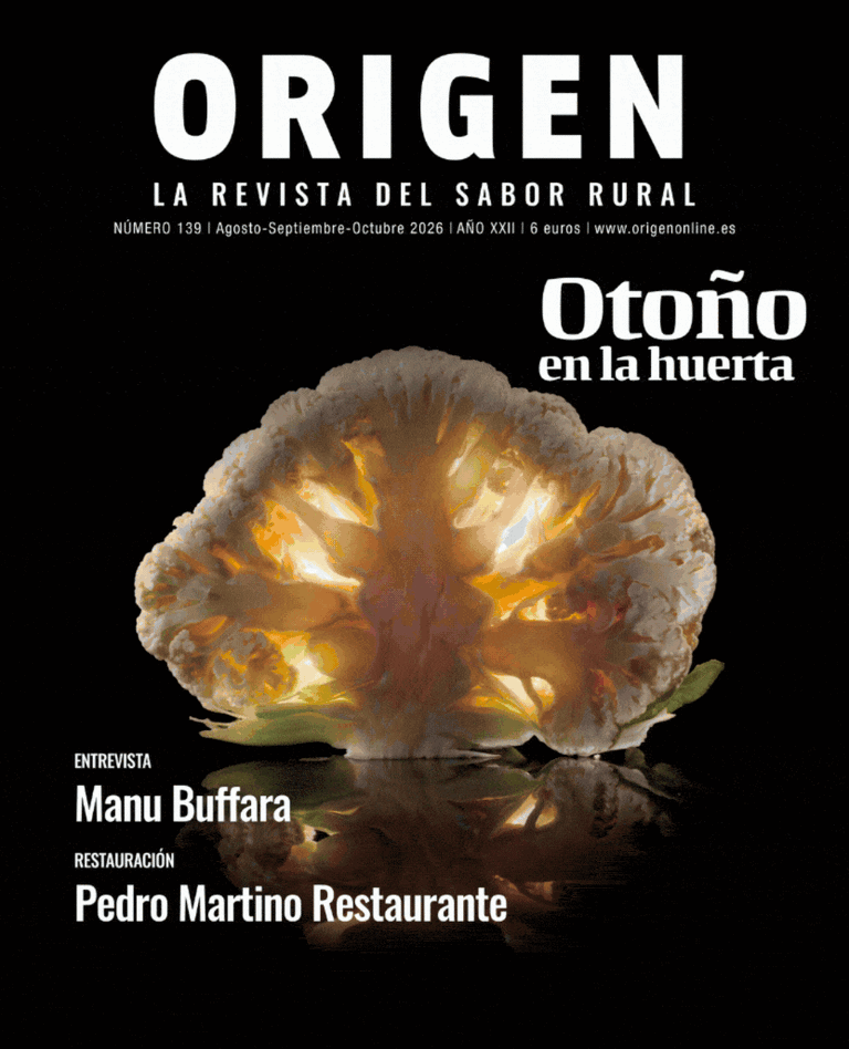 Portada de la revista Origen número 139 con un fondo oscuro y un hongo iluminado