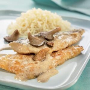 Filete de merluza con salsa de setas