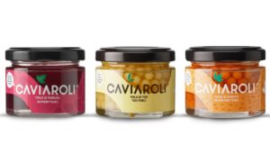 Tres frascos de perlas de fruta Caviaroli de diferentes sabores