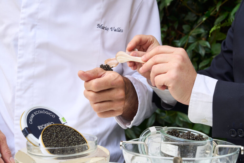 Chef Mario Valles sirviendo caviar ecológico Riofrío en un evento