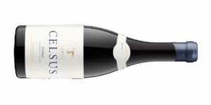 Botella de vino Celsus de Bodegas Vetus con etiqueta blanca y dorada