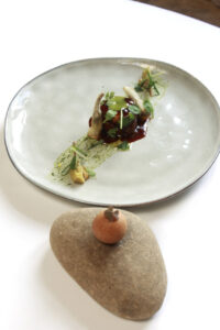 Plato gourmet de la nueva cocina riojana con ingredientes frescos y presentación artística.