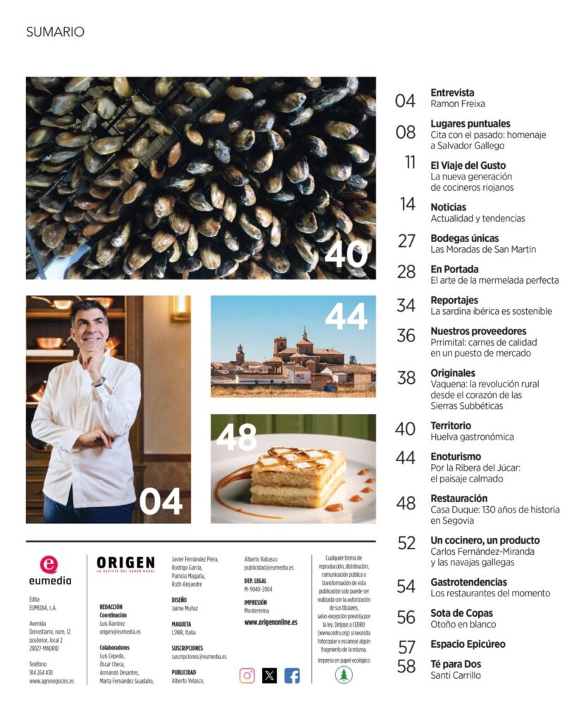 Sumario de la revista Origen con contenido sobre gastronomía rural