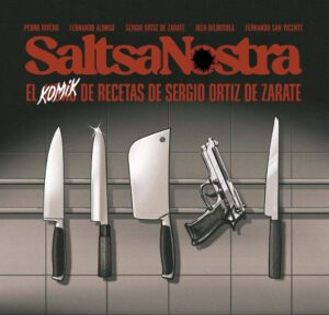 Portada del libro Saltsa Nostra con cuchillos y una pistola