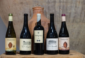 Botellas de vino de la bodega Las Calzadas junto a una tinaja