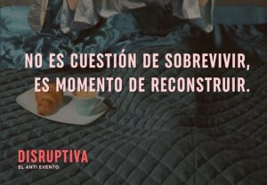 Imagen promocional del evento Disruptiva 2025 con un croissant y café.