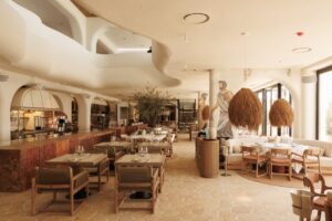 Interior del restaurante Eva Estepona con decoración greco-mediterránea.