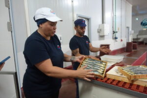 Trabajadores mostrando pescado en una conservera en Huelva
