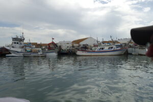 Vista del puerto y lonja de Isla Cristina en Huelva con barcos pesqueros