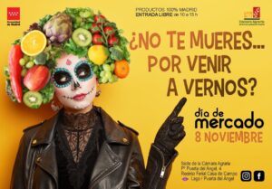 Mujer con maquillaje de calavera y frutas en la cabeza