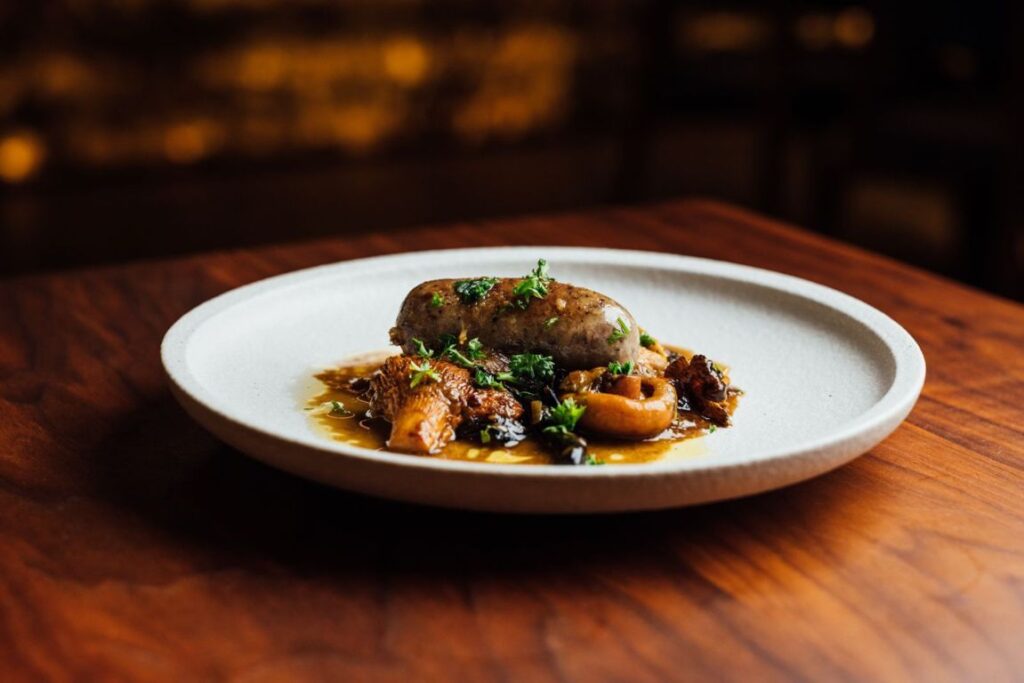 Plato de salteado de setas con butifarra de perol en un restaurante