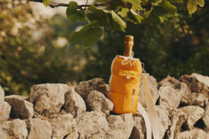 Estuche Puffy Holder de Veuve Clicquot sobre piedras con fondo natural