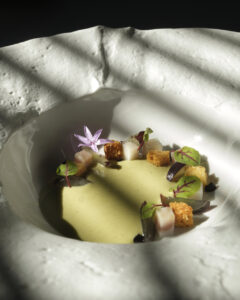 Plato de ajo blanco de pistacho con papada de bellota y uvas