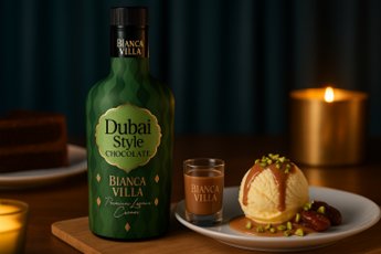 Botella de crema de licor Bianca Villa Chocolate Dubai con postre