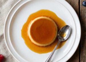 Flan servido en un plato con salsa de caramelo