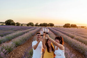 Tres personas brindando con copas de vino en un campo de lavanda