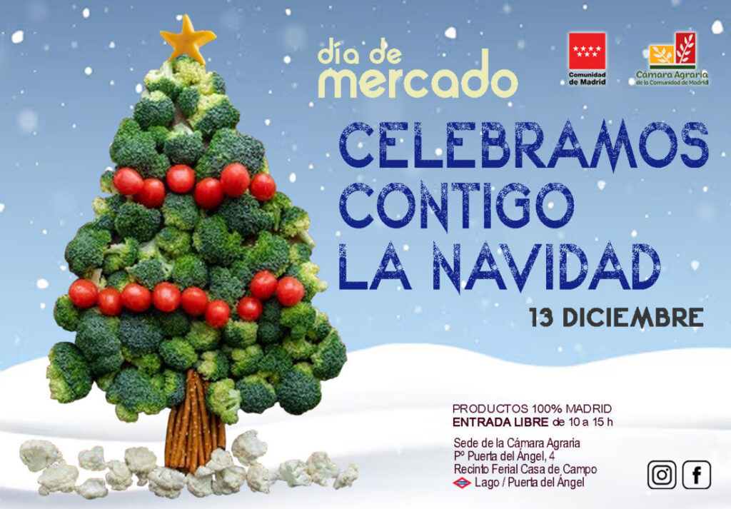 Árbol de Navidad hecho con brócoli y tomates en el Día de Mercado