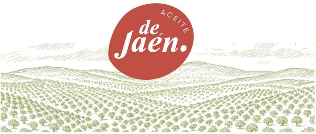 Vista de olivos en la provincia de Jaén con el logo de Aceite de Jaén