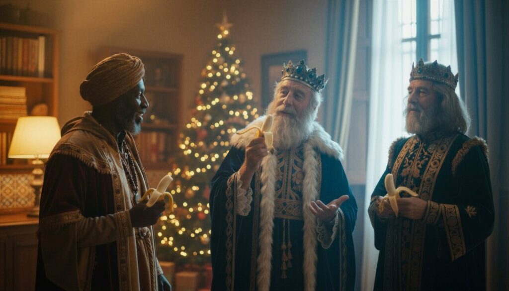 Tres Reyes Magos sosteniendo plátanos frente a un árbol de Navidad