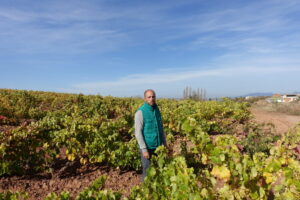 Eduardo Pérez en su viñedo en la Rioja con uvas en el campo.