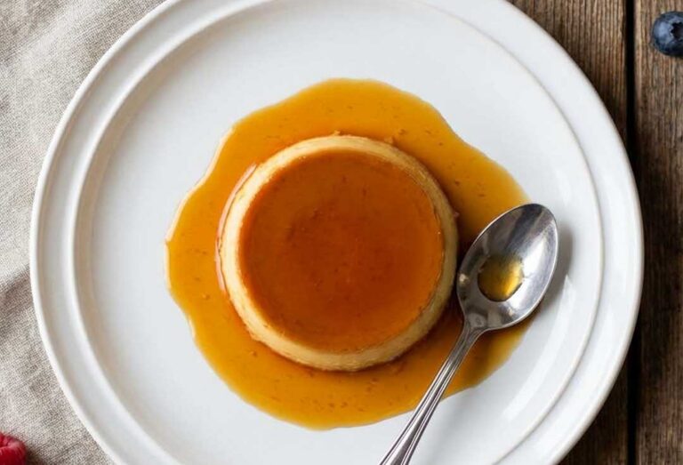 Delicioso flan con caramelo en un plato blanco