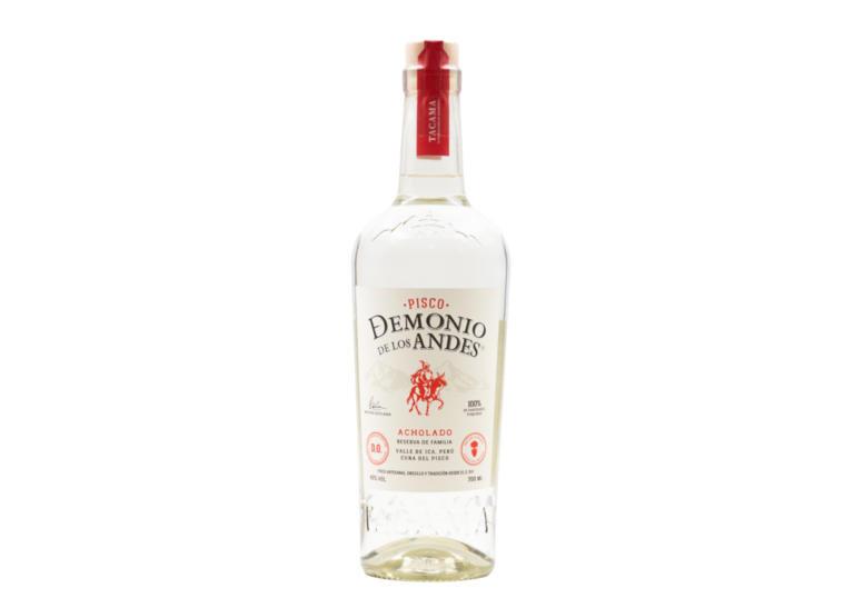 Botella de pisco Demonio de los Andes Acholado con etiqueta distintiva