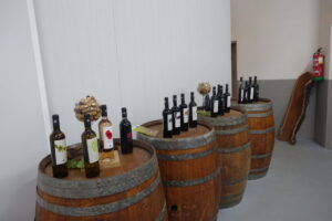 Botellas de vino en barricas de madera en Bodega Alcovi