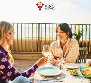 Dos mujeres brindando con copas de vino en una mesa al aire libre