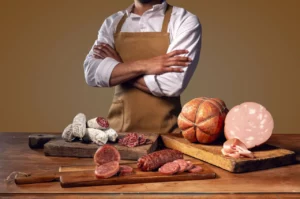 Hombre con delantal junto a diferentes tipos de embutidos en una mesa de madera