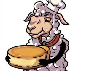 Caricatura de una oveja chef sosteniendo una tarta de queso