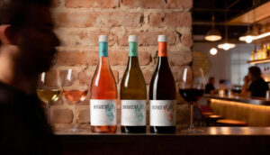 Botellas de vino Homenaje en un bar con copas de vino.