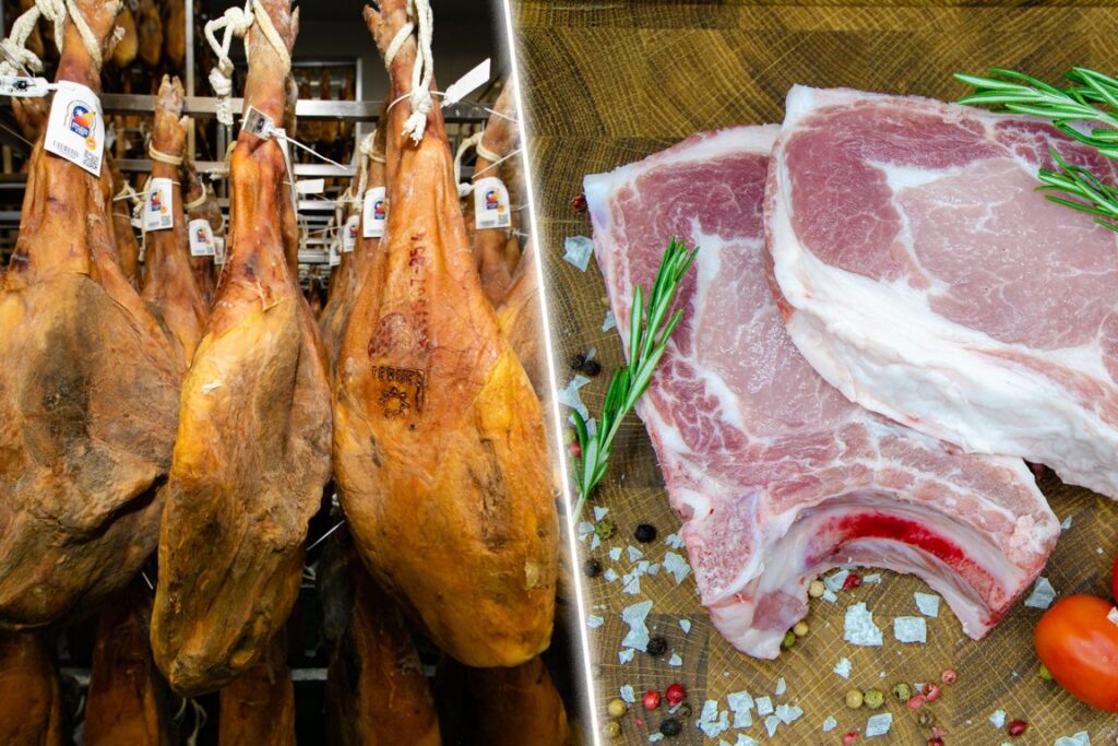 Jamones colgados en secadero y carne de cerdo fresca