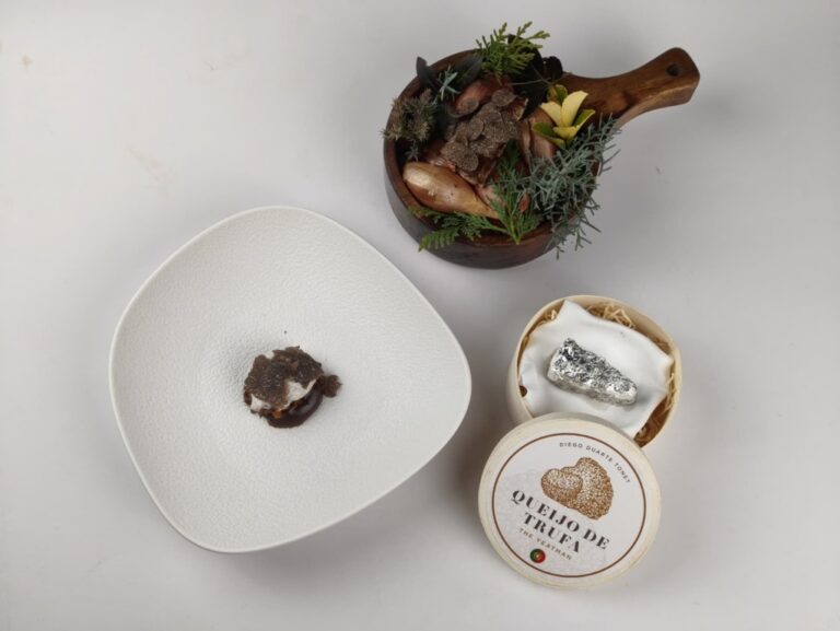 Plato gourmet con trufa negra y requesón presentado en concurso gastronómico.