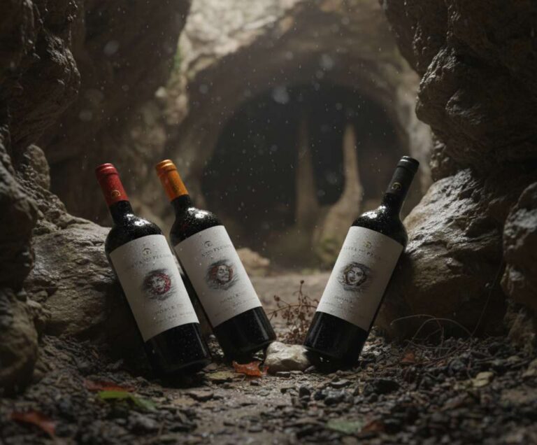 Tres botellas de vino Cueva del Pecado en un entorno natural