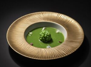 Plato de alta cocina con crema verde y esfera de guisantes