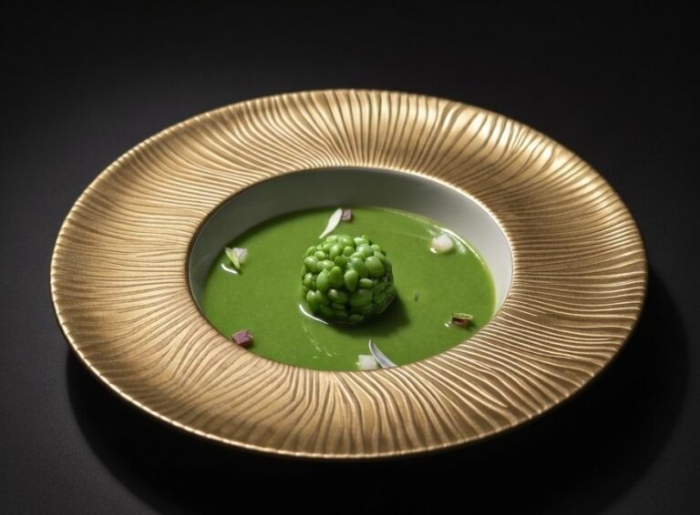 Plato de alta cocina con crema verde y esfera de guisantes