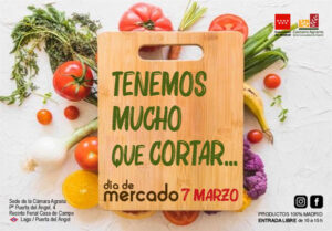 Cartel del Día de Mercado con productos frescos y lema sobre cortar
