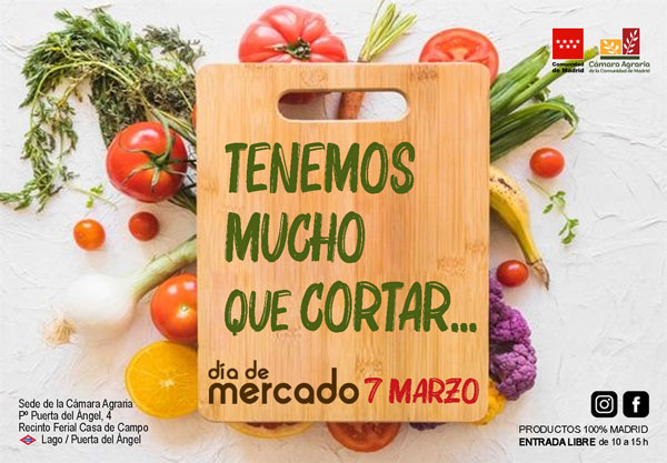 Cartel del Día de Mercado con productos frescos y lema sobre cortar