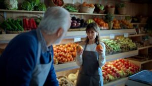 Mujer sosteniendo naranjas en una frutería con verduras y frutas de fondo