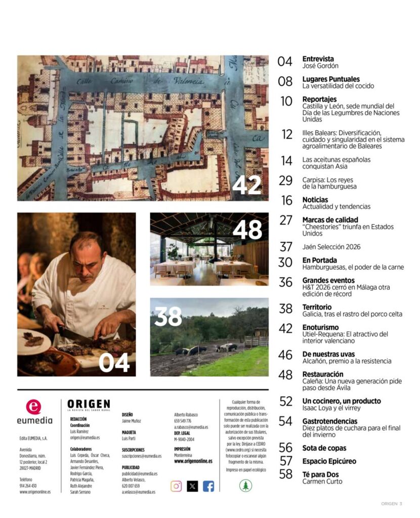 Sumario de la revista Origen con contenido sobre gastronomía rural