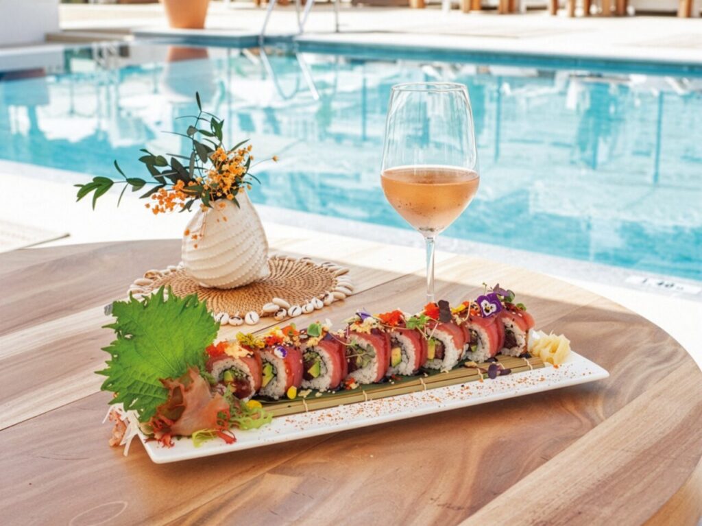Plato de sushi decorado junto a una copa de vino rosado