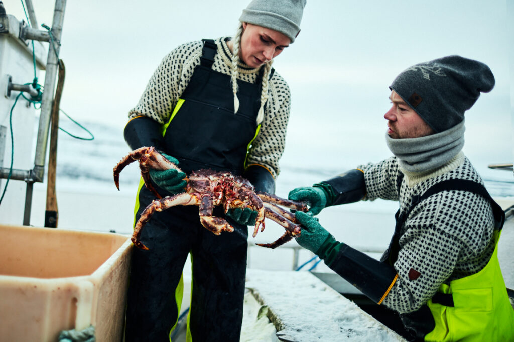 Dos pescadores sosteniendo un cangrejo rojo real en Noruega