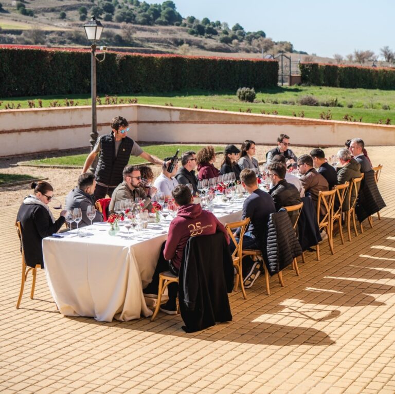 Grupo de personas disfrutando de una cata de vinos en un evento al aire libre