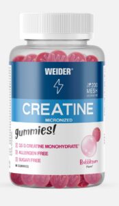 Frasco de gominolas Weider con sabor a chicle y etiqueta de creatina