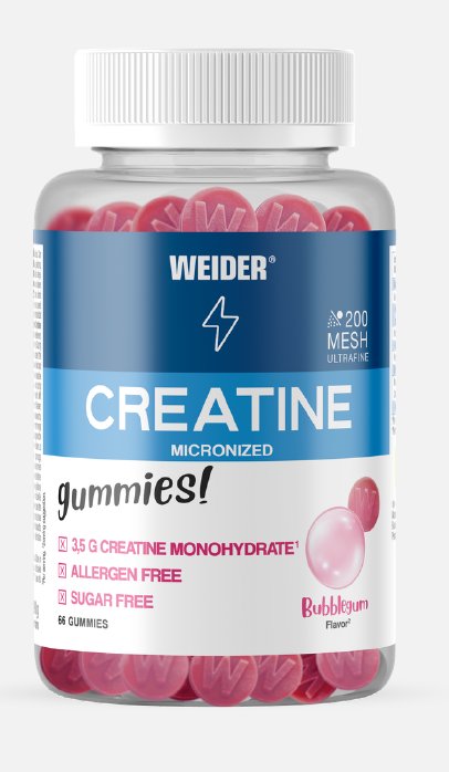 Frasco de gominolas Weider con sabor a chicle y etiqueta de creatina
