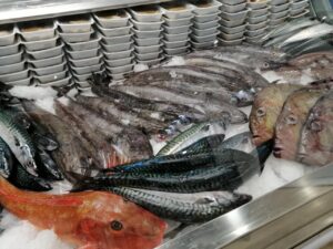Variedad de pescados en exhibición en Seafood Expo Global