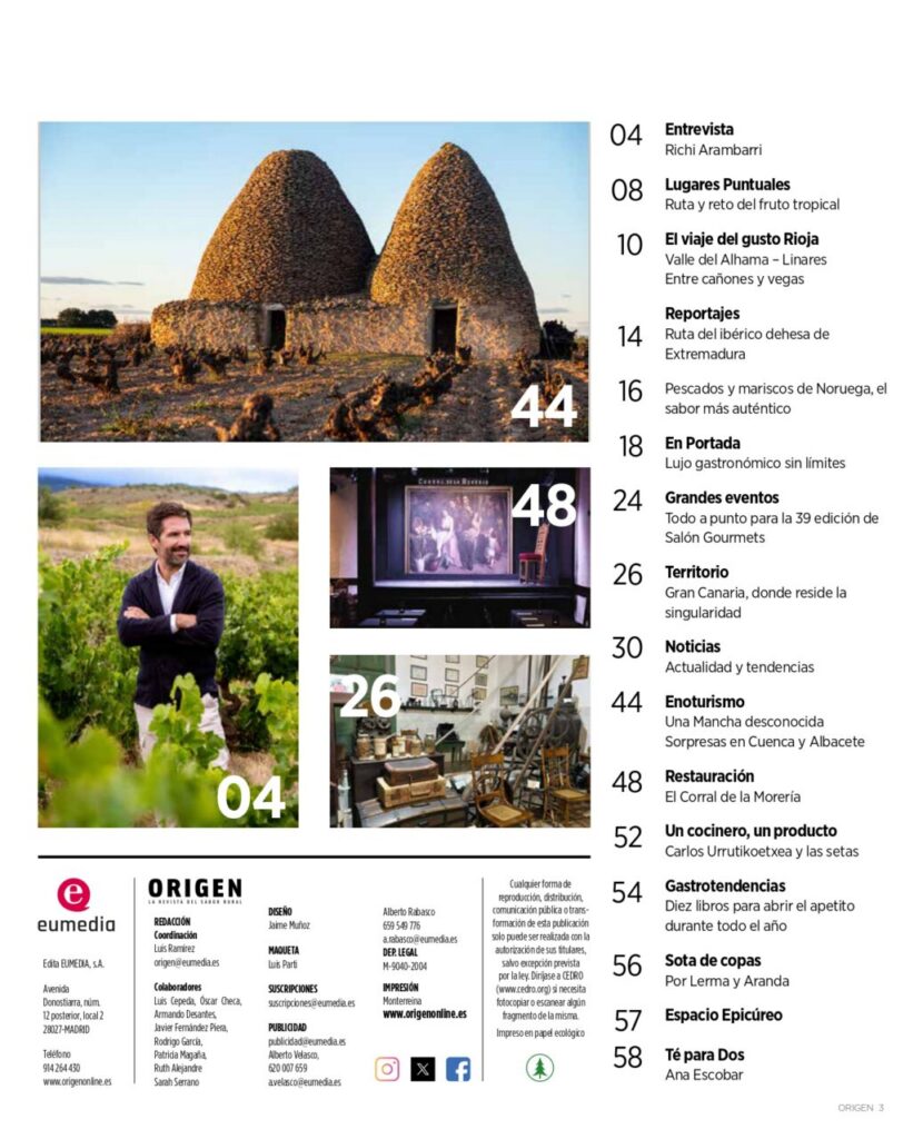 Sumario de la revista Origen con contenido sobre gastronomía rural