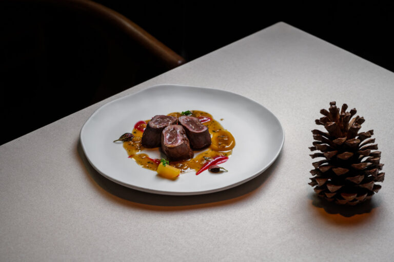 Plato gourmet servido en Santerra con carne y salsas coloridas