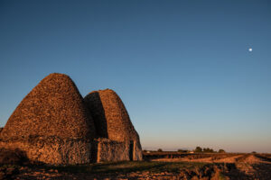 Vista de los bombos geminados en un viñedo al atardecer